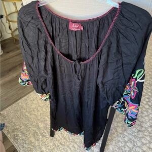 Avani Del Amour Black Embroidered Vibrant Floral Tunic Top, Black and Pink, M